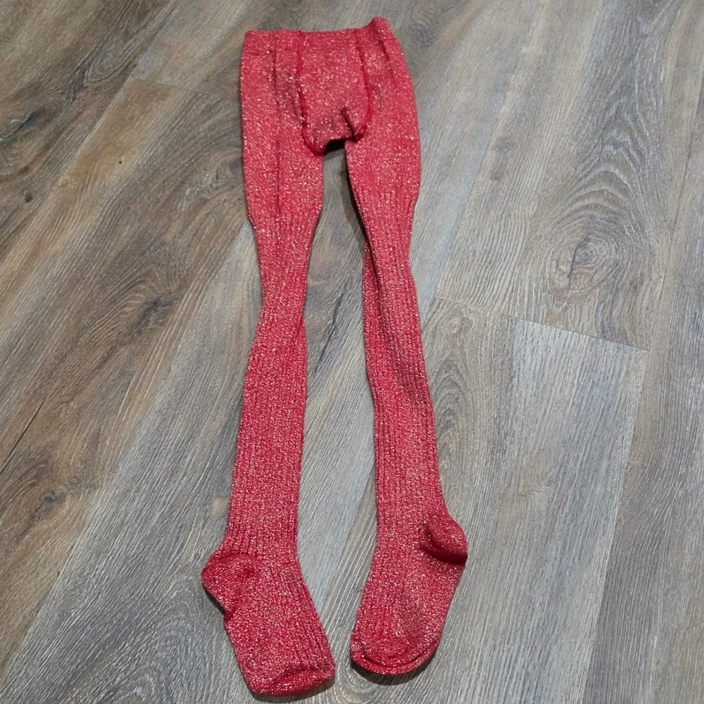 Girls Red Gold Metallic Glitter Ribbed Knit Tights Size 4-6 Holiday Sparkle